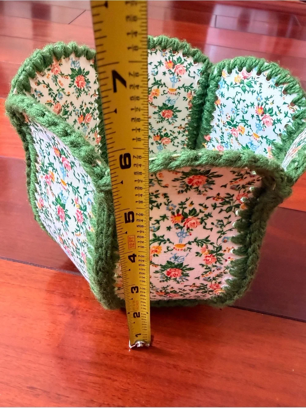 Handmade Hexagonal Floral Fabric Basket w/ Green Yarn Trim Small 6x5